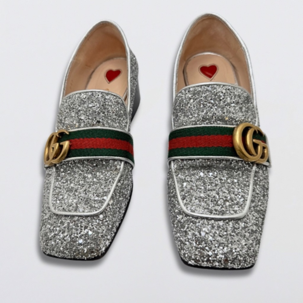Gucci GG Marmont Web Peyton Loafers Coarse Glitter Metallic Silver Women’s US 35